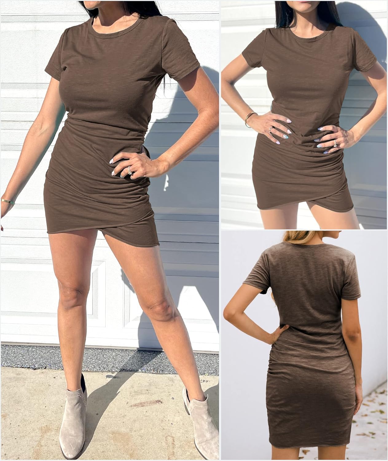 BTFBM Women's 2025 Summer Casual Beach Dresses Crew Neck Short Sleeve Wrap Party Club Mini Ruched Bodycon T Shirt Dress