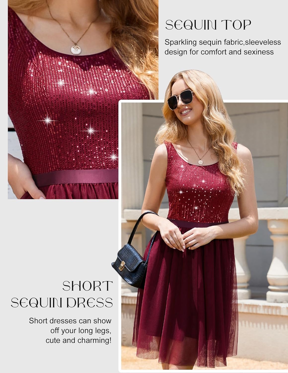 BeryLove Sequin Dress for Woman Vintage A Line Wedding Formal Swing Mesh Dress Sleeveless Cocktail Maxi Gowns