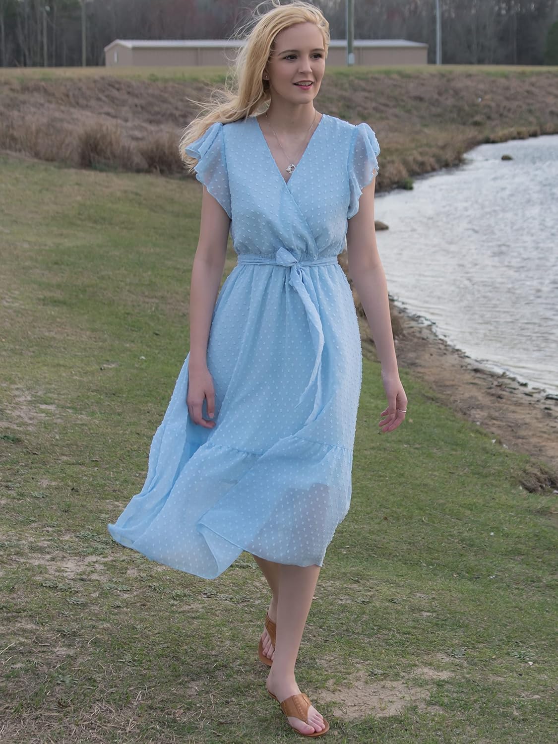 BTFBM Women Summer Bohemian Floral Casual Wrap V Neck Ruffle Cap Sleeveless Belt A-Line Pleated Hem Midi Sun Dress White