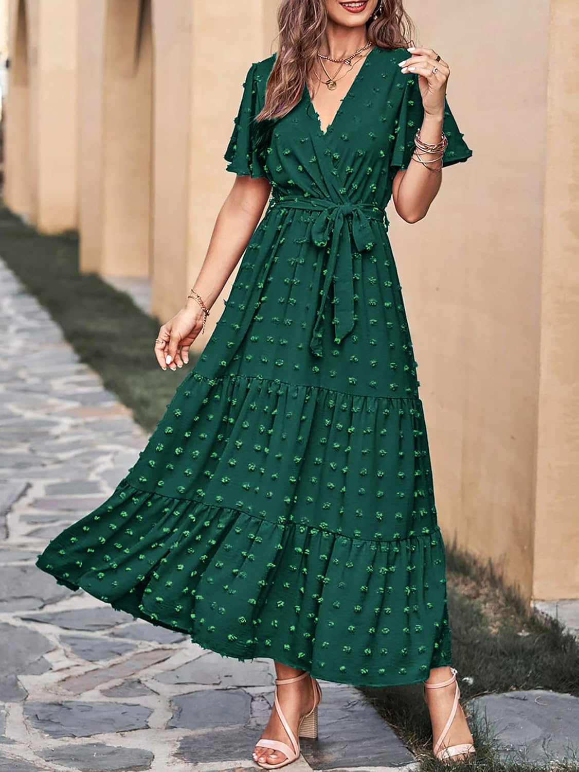 MASCOMODA Womens Boho Swiss Dot Maxi Dresses Wrap V Neck Flutter Short Sleeve Solid Tie Belt A Line Tiered Flowy Long Dress