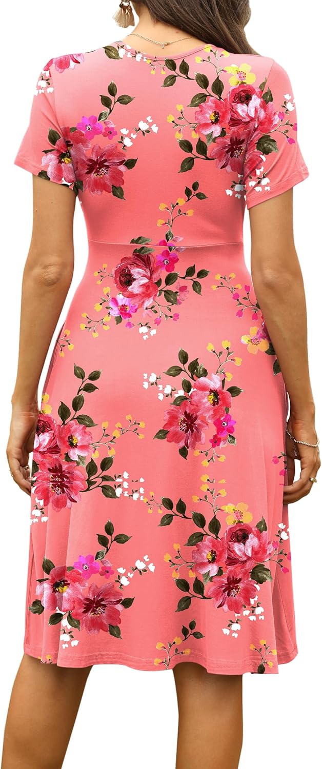 WEACZZY Women's Summer Short Sleeve Casual Dresses V-Neck Floral Party Dress with Pockets
