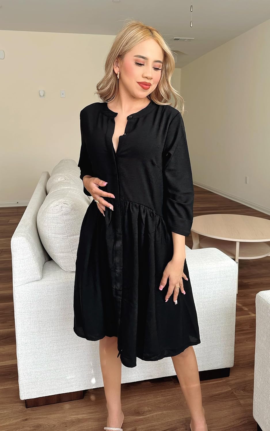 CCTOO Women's Summer Dresses Casual V Neck Button Down 3/4 Sleeve Floral Print Loose Flowy Shirt Dress