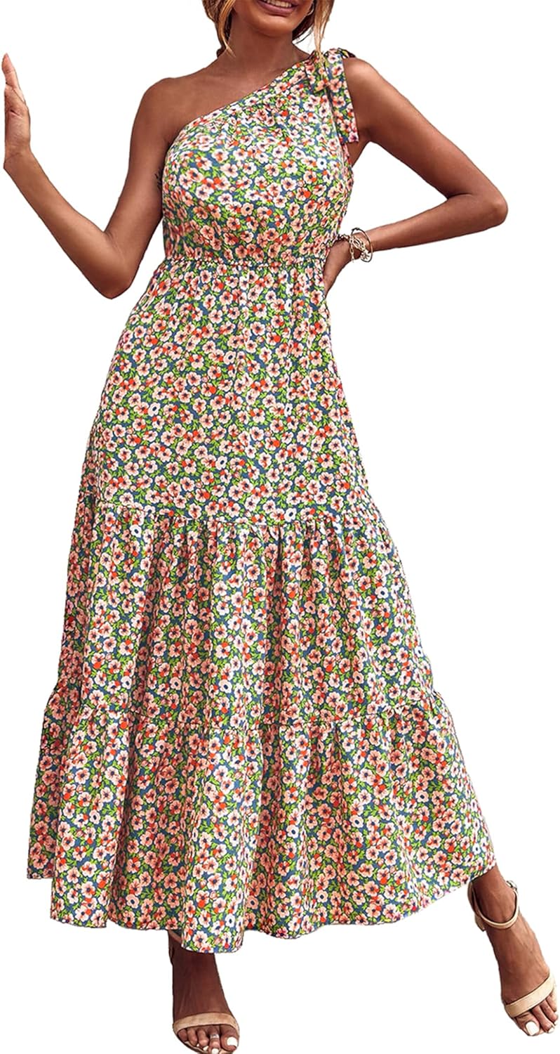 PRETTYGARDEN Women's Summer Floral Maxi Dress Knot One Shoulder Sleeveless Ruffle Flowy Boho Beach Wedding Guest Dresses