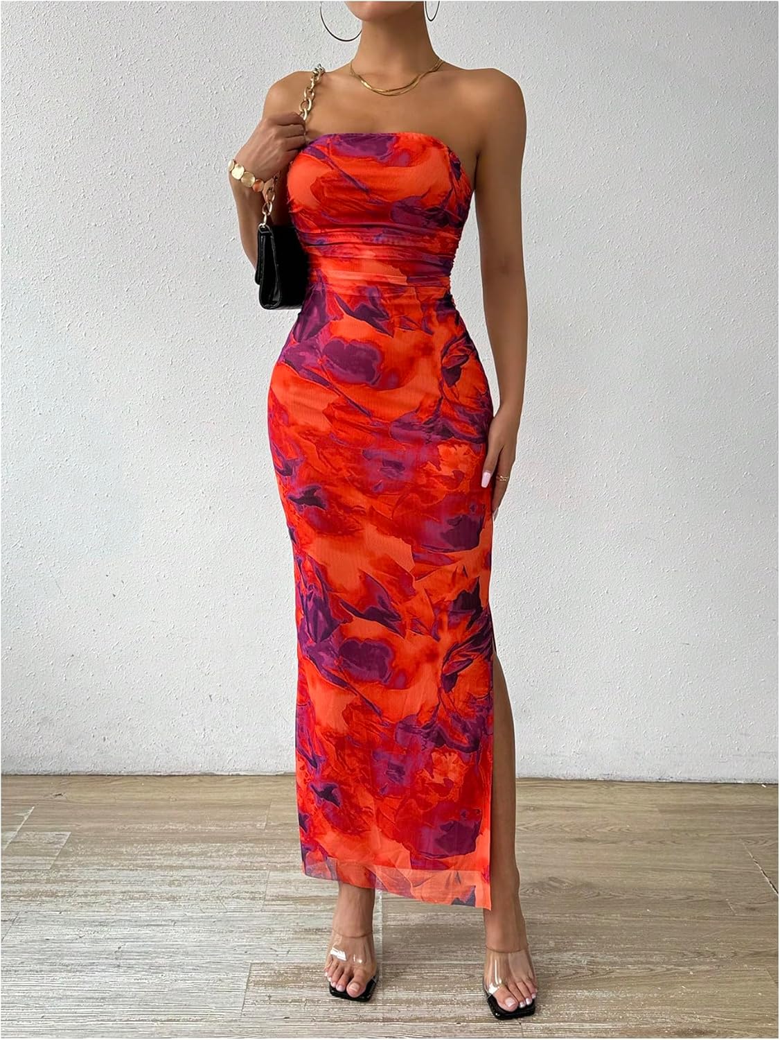 Milumia Women's Printed Strapless Tube Top Long Dress Slit Hem Sleeveless Bodycon Maxi Dresses