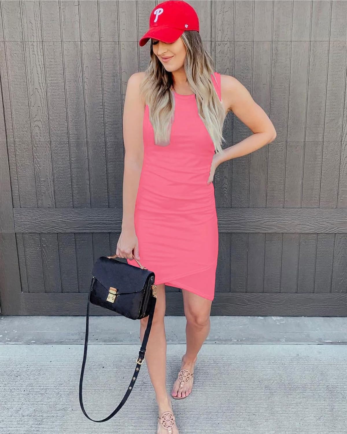 BTFBM Women 2025 Summer Sleeveless Tank Dresses Crew Neck Slim Fit Short Casual Ruched Bodycon Party Club Mini Dress