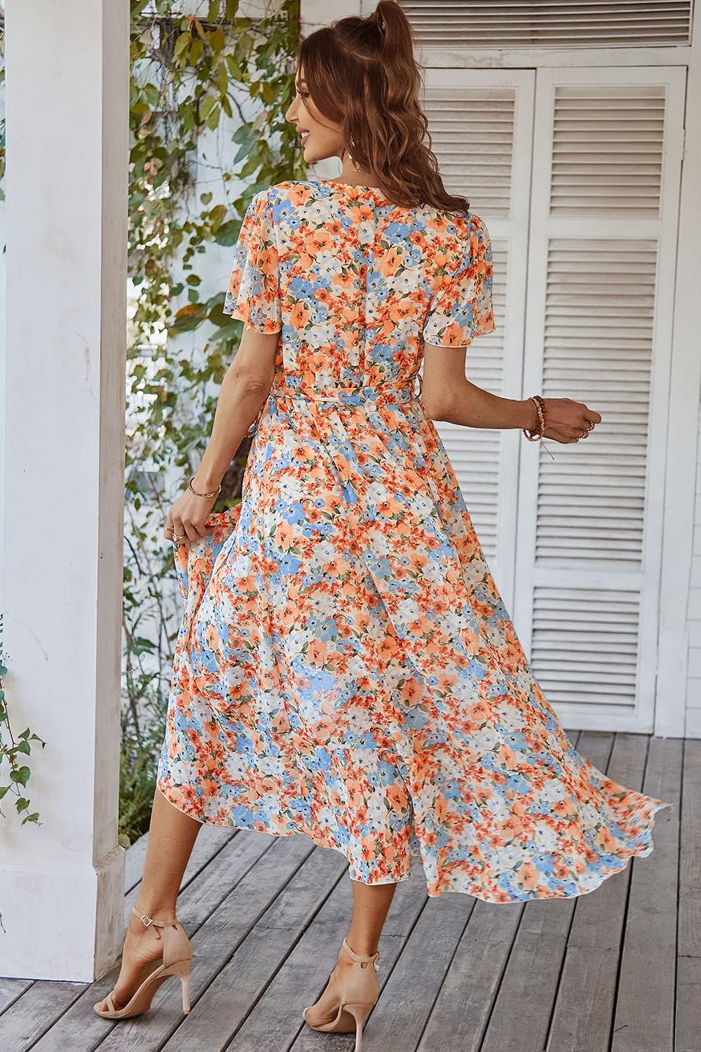 PRETTYGARDEN Women's Summer Floral Boho Dress Wrap V Neck Short Sleeve Ruffle A-Line Flowy Maxi Wedding Guest Dresses