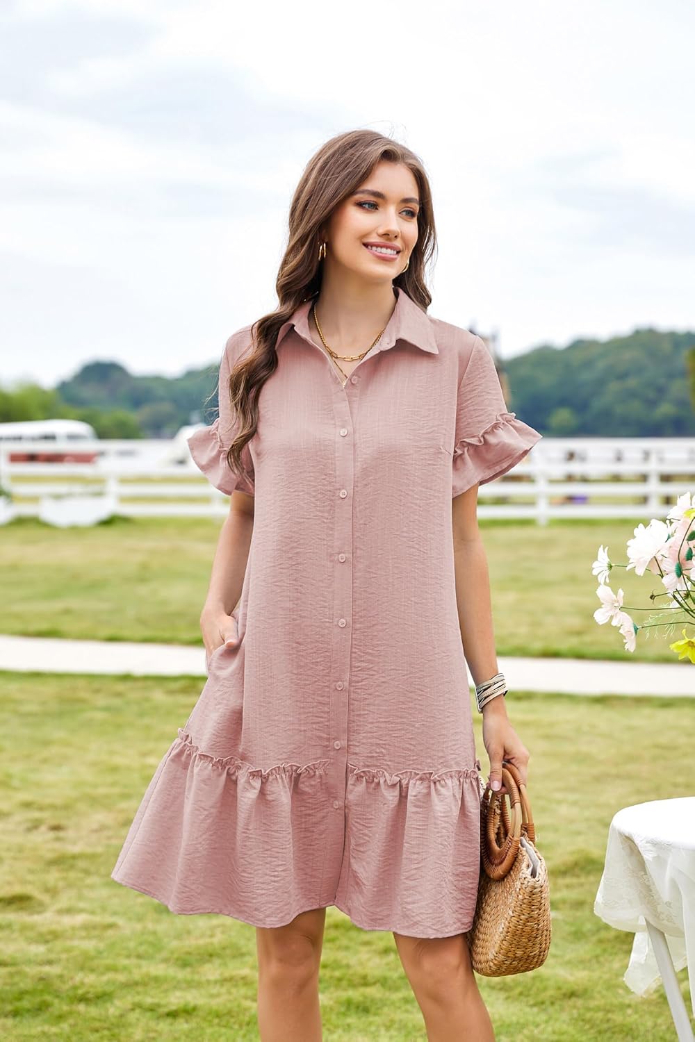 CCTOO Women's Summer Dresses Casual V Neck Button Down 3/4 Sleeve Floral Print Loose Flowy Shirt Dress