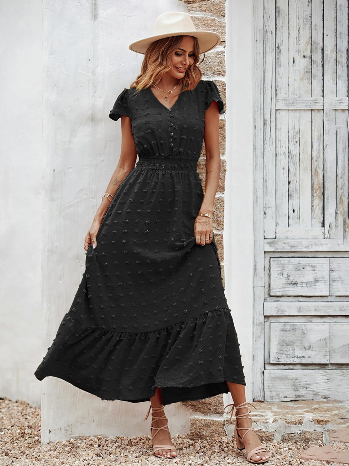 PRETTYGARDEN Womens Dresses 2025 Summer Maxi Dress Boho Short Sleeve V Neck Swiss Dot Ruffle Tiered Smocked Flowy Long Dress