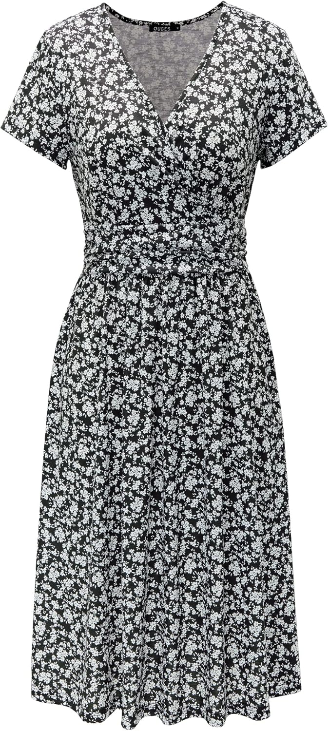 OUGES Women's Summer Short Sleeve V-Neck Floral Short Party Dress with Pockets