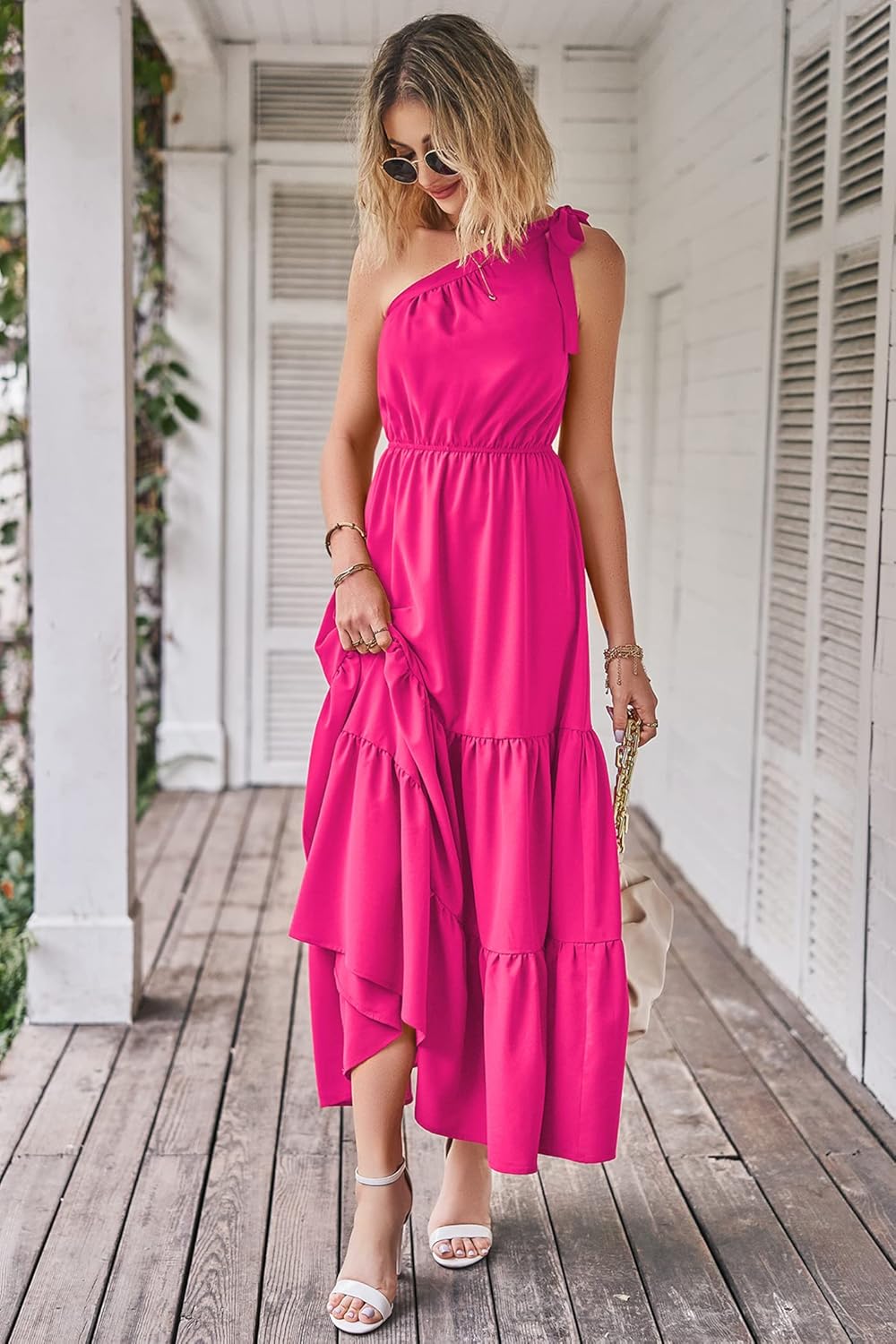 PRETTYGARDEN Women's Summer Floral Maxi Dress Knot One Shoulder Sleeveless Ruffle Flowy Boho Beach Wedding Guest Dresses
