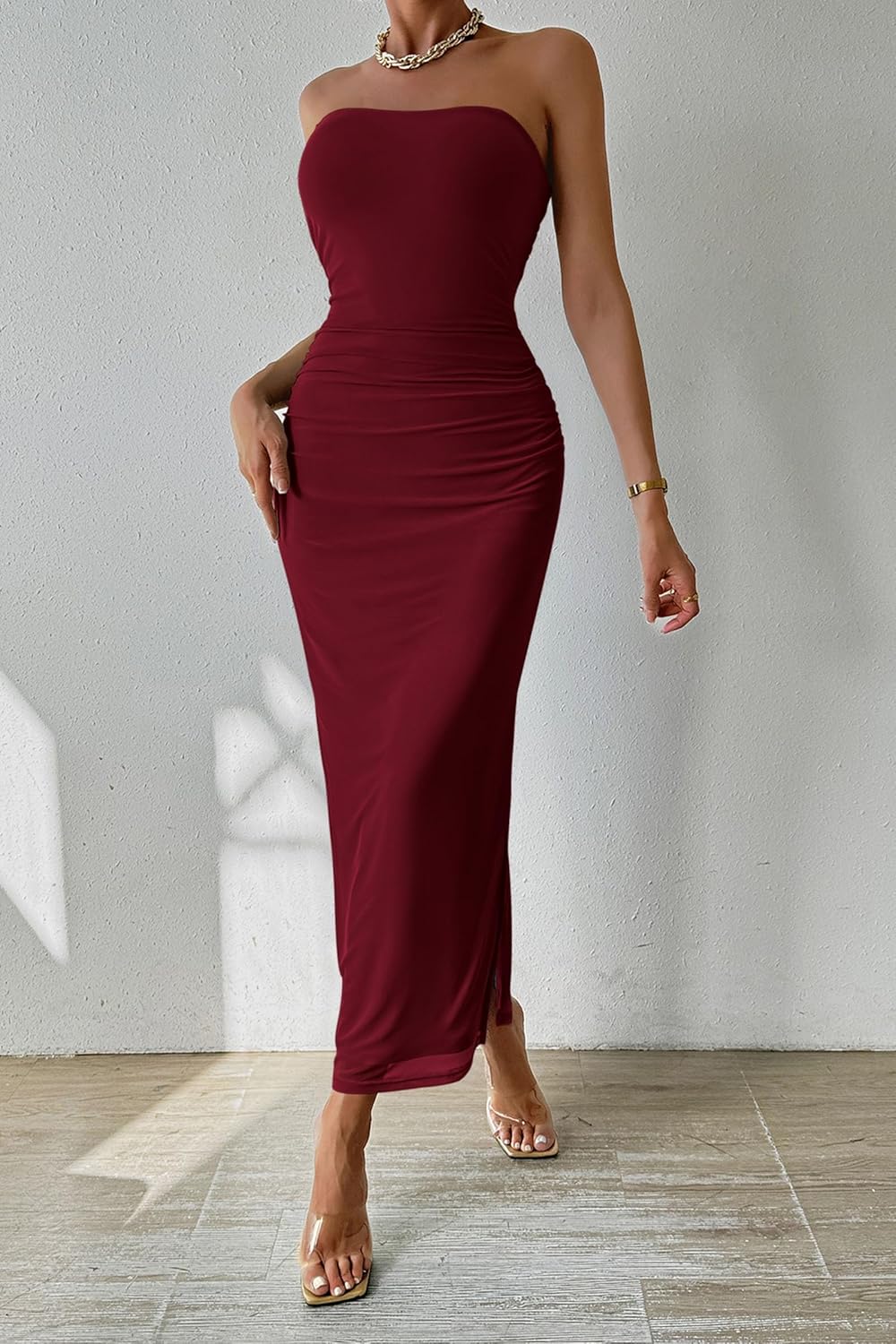 PRETTYGARDEN Women's Summer Maxi Bodycon Dresses Strapless Tube Top Printed Long Party Club Slit Dress