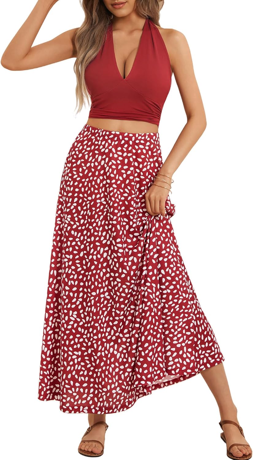 FENSACE Women's Summer Sexy 2 Pieces Floral Beach Vacation Outfits Halter Top Maxi Skirt Set