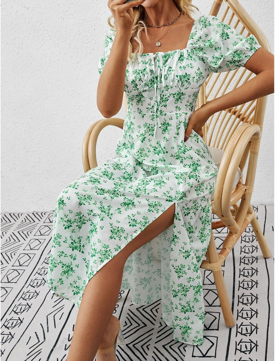 Women's Sundresses 2025 Summer Casual Loose Trendy Bubble Sleeve Square Neck Split Bow Floral Print Dress Plus Size, XS-3XL