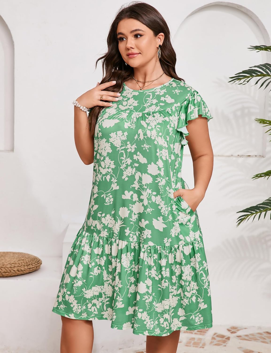 ShopWonder Womens Plus Size Dress Crew Neck Ruffle Sleeve Casual Swing Flowy Tiered Midi T Shirt Dresses with Pockets