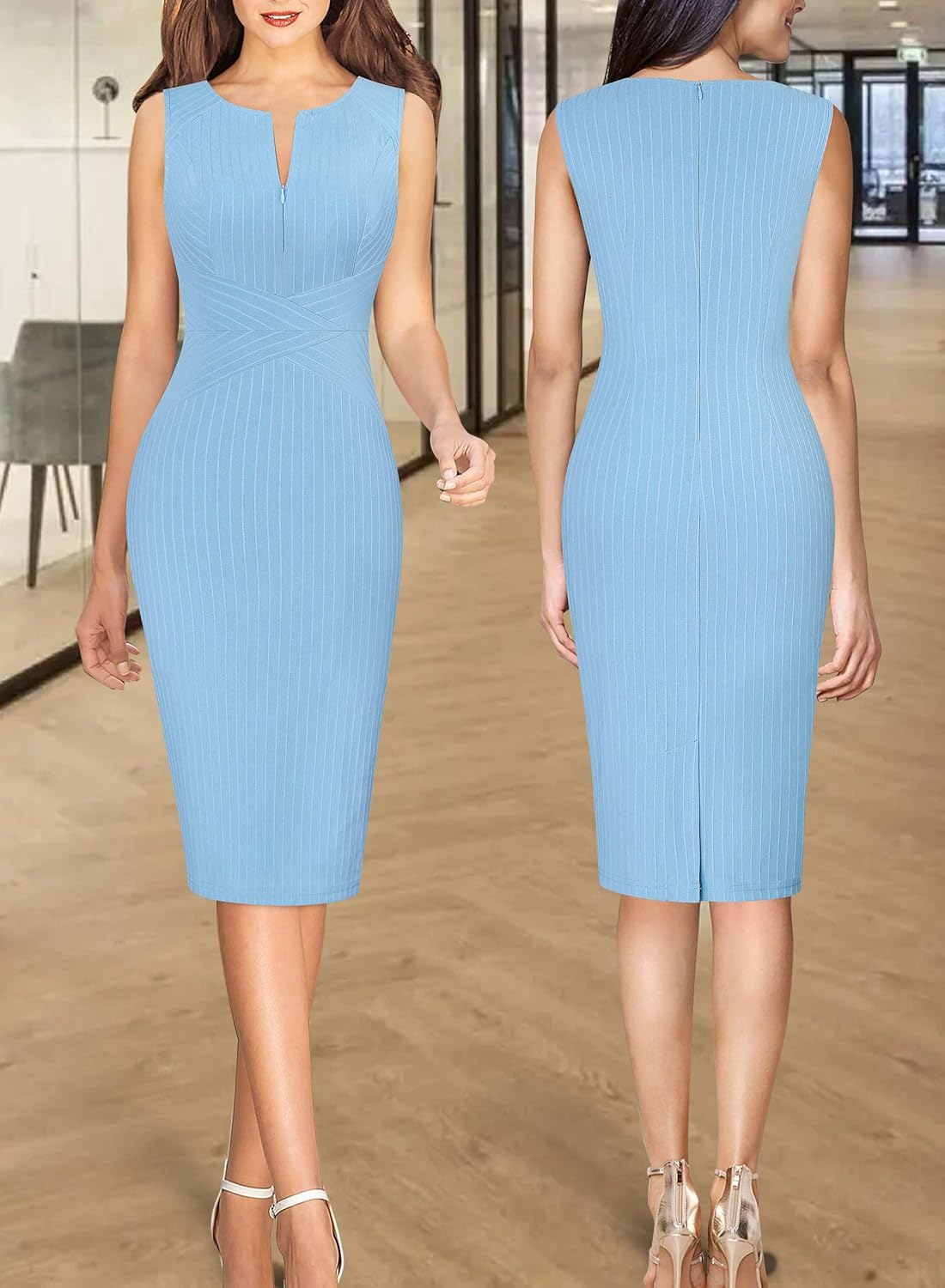 VFSHOW Womens Elegant Slim Front Zipper up Work Business Office Party Sheath Dress
