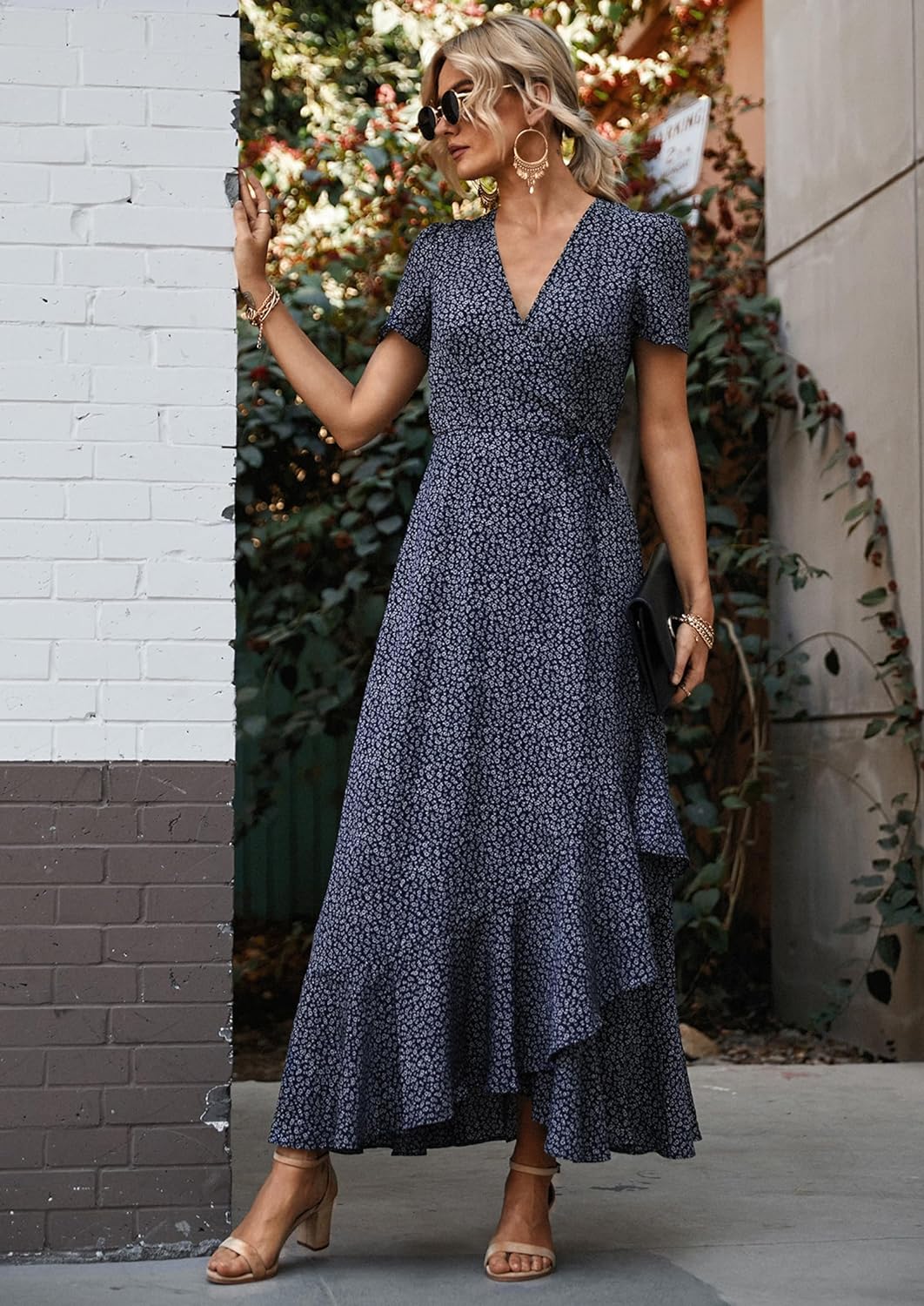 PRETTYGARDEN Women's Summer Wrap Maxi Dress Casual Short Sleeve Floral Boho V Neck Split Ruffle Beach Long Dresses