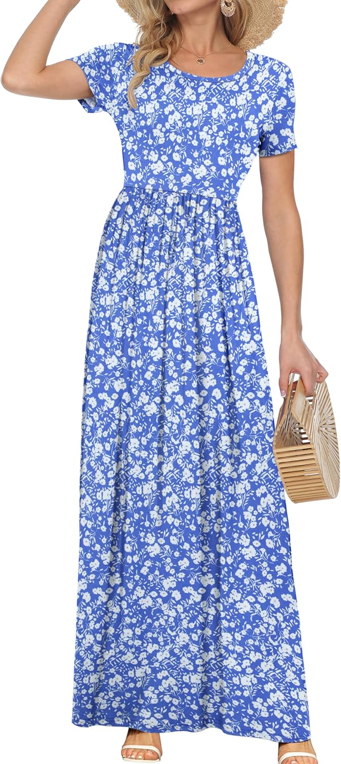 AUSELILY Women's Short Sleeve Loose Plain Casual Long Maxi Dresses for Women 2025