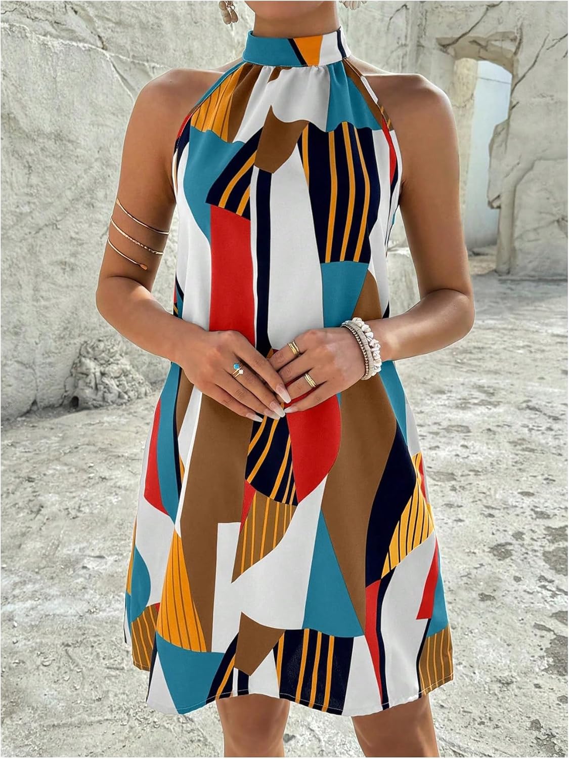 Floerns Women's Geo Print Halter A Line Dress Sleeveless Vacation Short Dresses