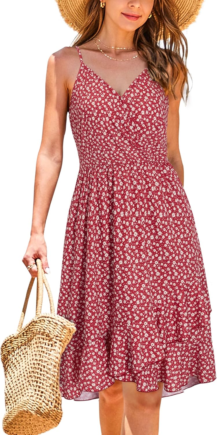 ULTRANICE Womens Summer Dresses Floral V Neck Ruffled Hem Spaghetti Spring Casual Beach Outfits Flowy Wrap Sun Dress