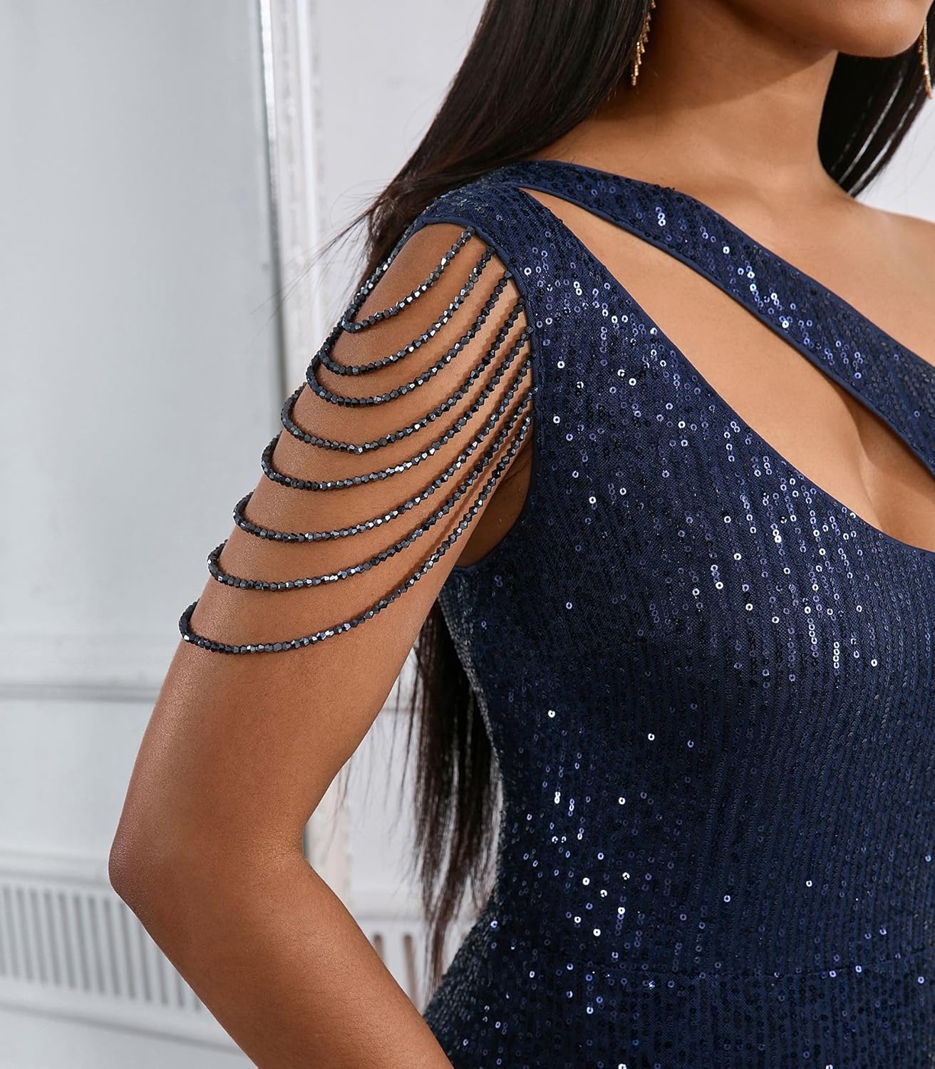 Cololura Women Sequin Elegant Sexy One Shoulder Tassel Mermaid Bodycon Cocktail Evening Dress
