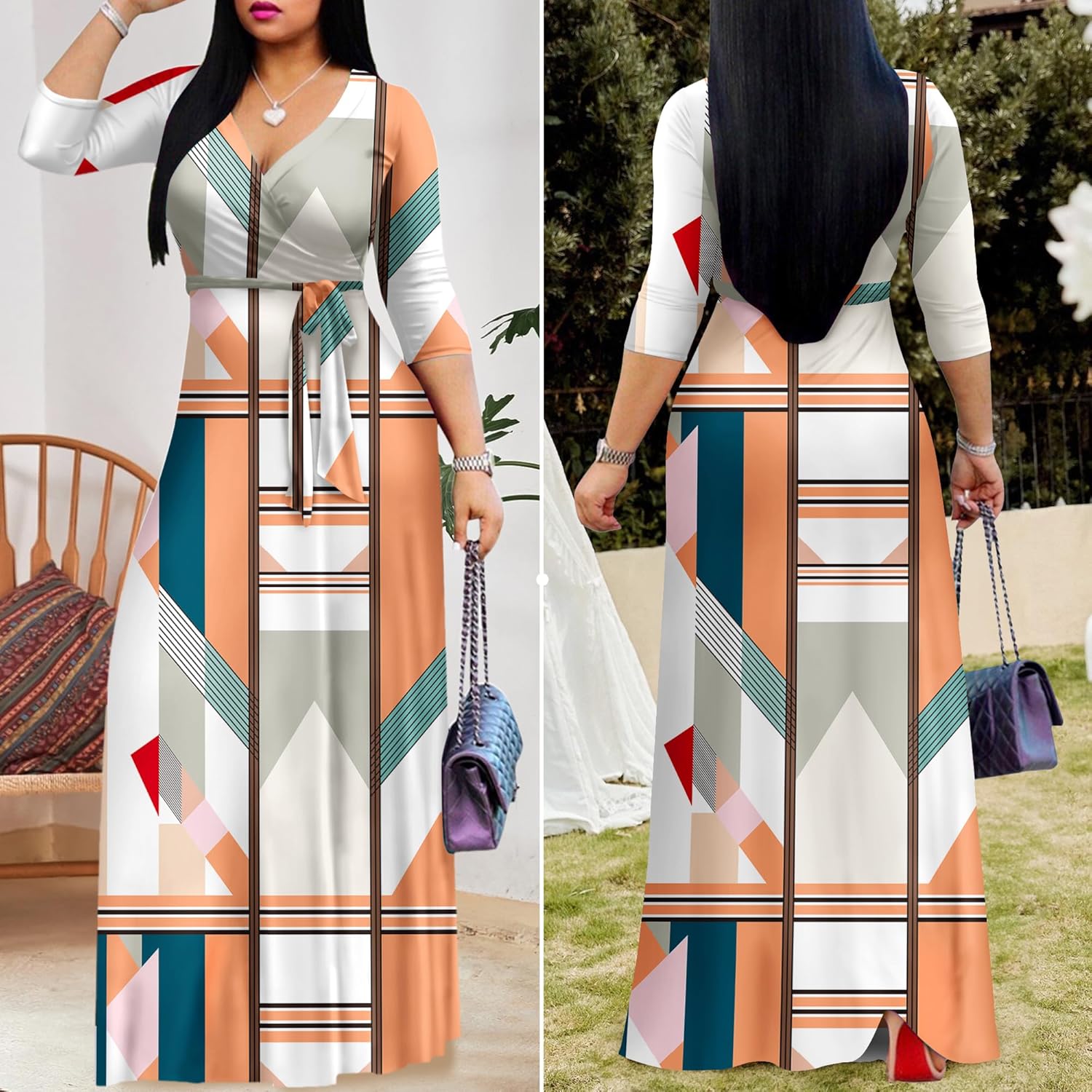 FANDEE Plus Size Maxi Dress for Women Casual Summer Sundress V-Neck 3/4 Sleeve