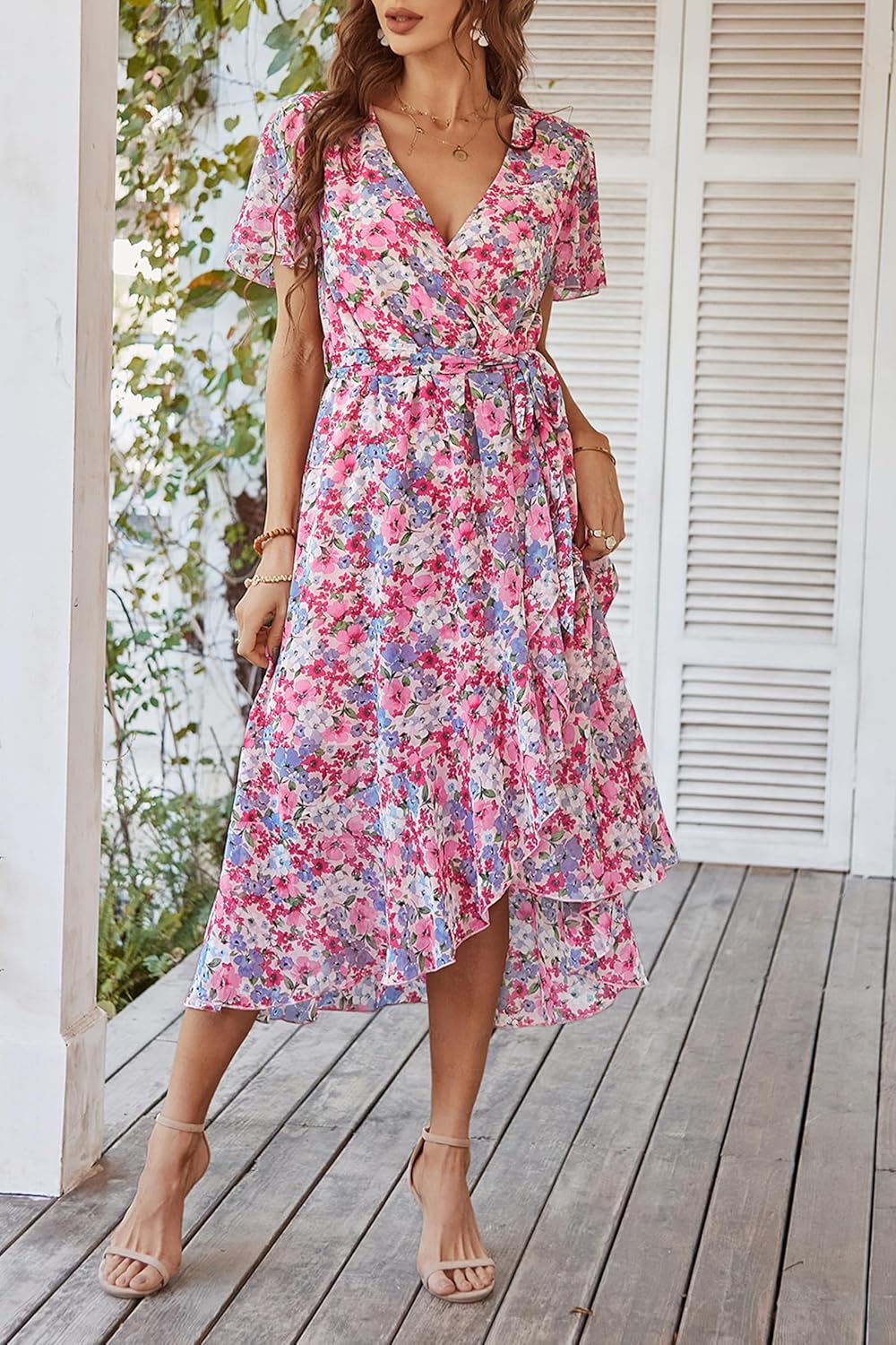 PRETTYGARDEN Women's Summer Floral Boho Dress Wrap V Neck Short Sleeve Ruffle A-Line Flowy Maxi Wedding Guest Dresses