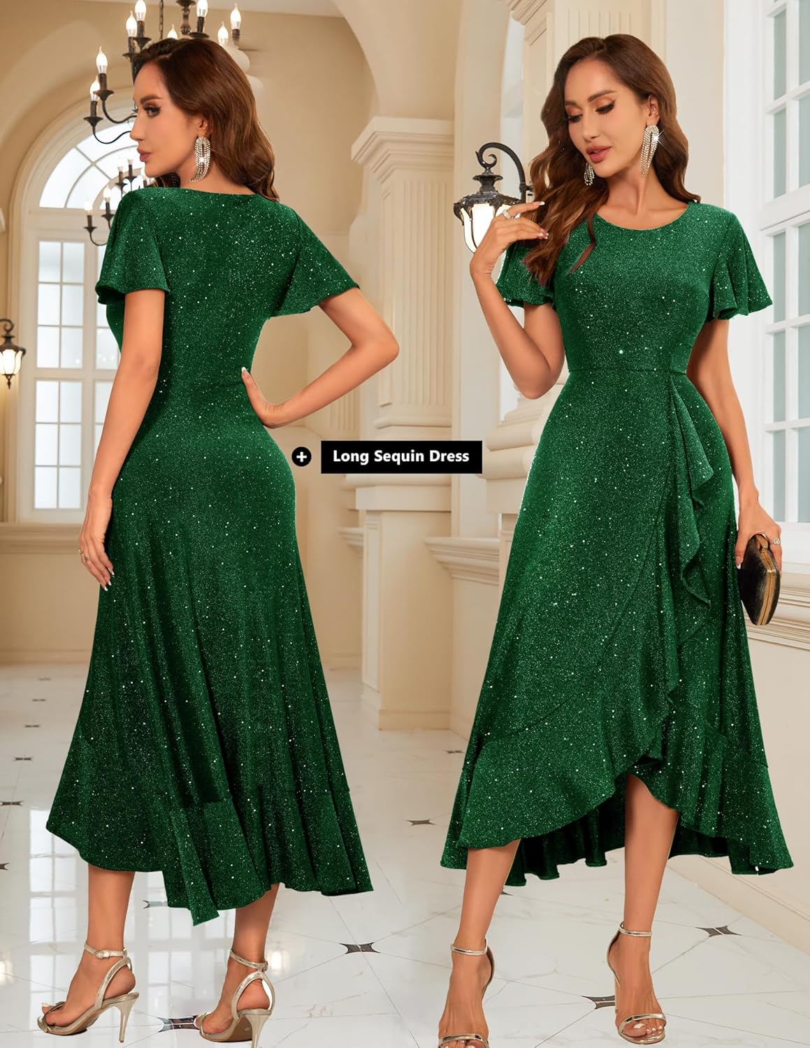BeryLove Women Sequin Formal Party Dress Flutter Short Sleeve Wedding Cocktail Long Evening Dress