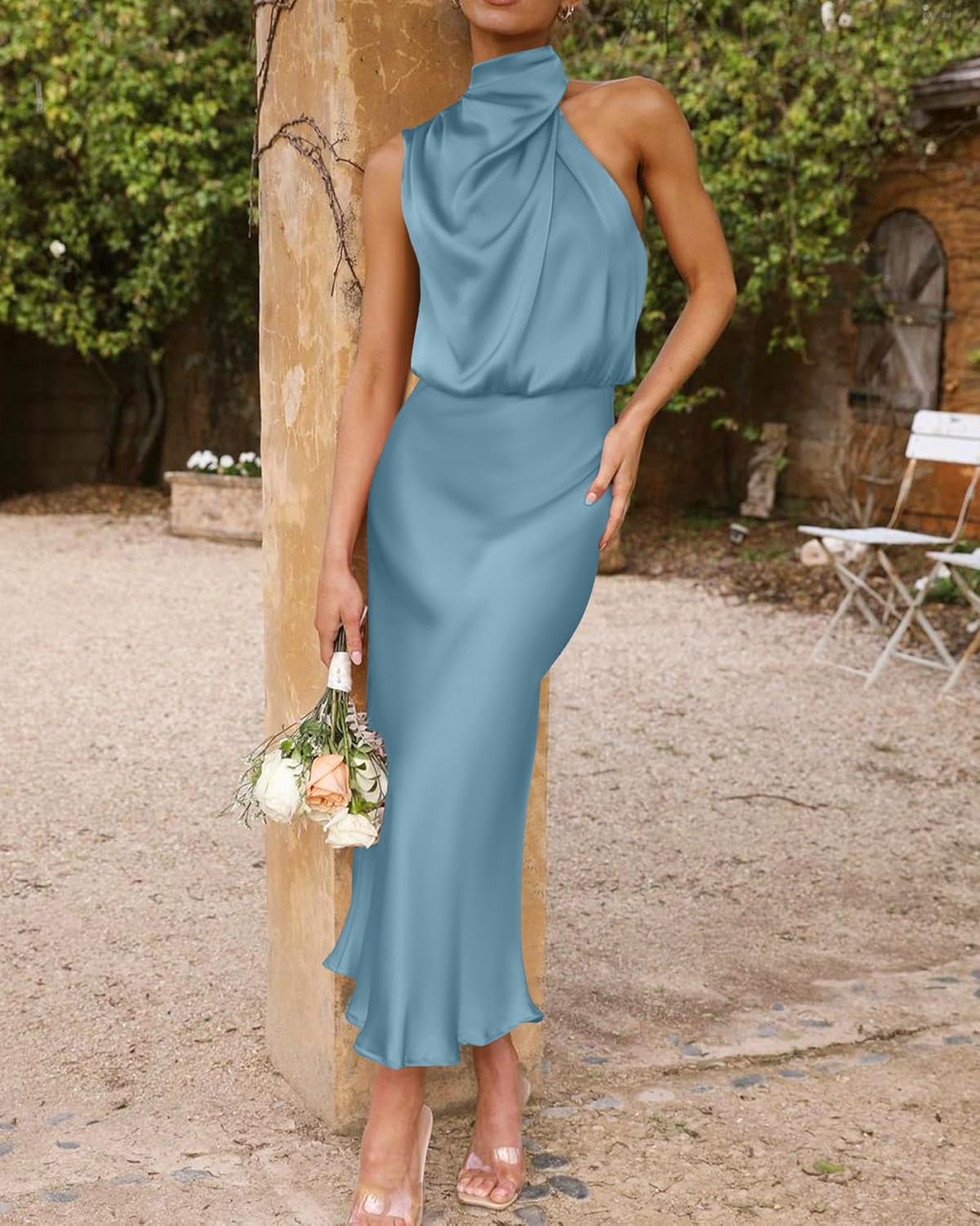 BTFBM Womens Sleeveless Cocktail Dresses Mock Neck Keyhole Elastic High Waist Evening Party Maxi Wedding Guest Dress