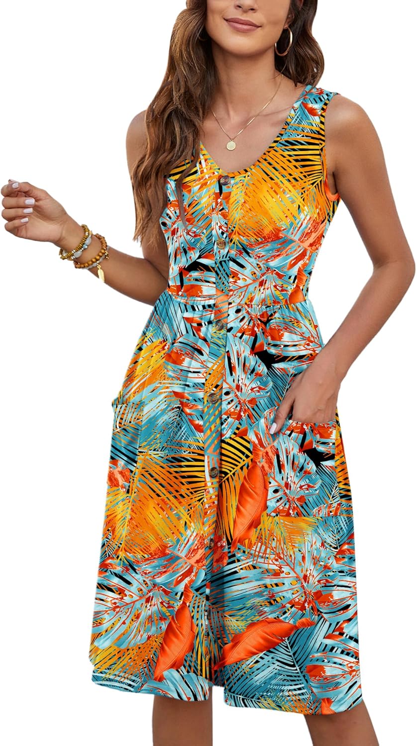MOLERANI Women Summer Dresses Sleeveless Casual Loose Swing Button Down Midi Dress with Pockets