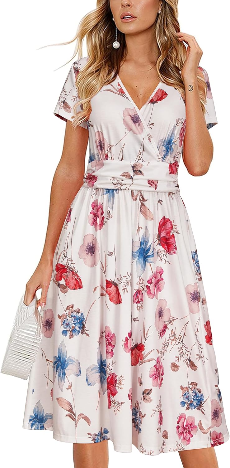OUGES Women's Summer Short Sleeve V-Neck Floral Short Party Dress with Pockets