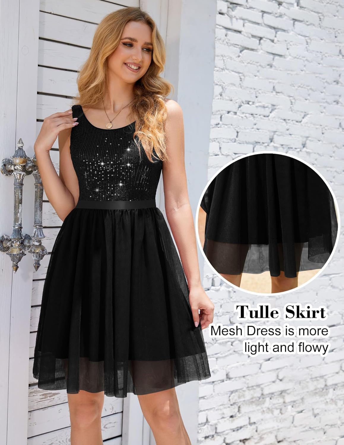 BeryLove Sequin Dress for Woman Vintage A Line Wedding Formal Swing Mesh Dress Sleeveless Cocktail Maxi Gowns