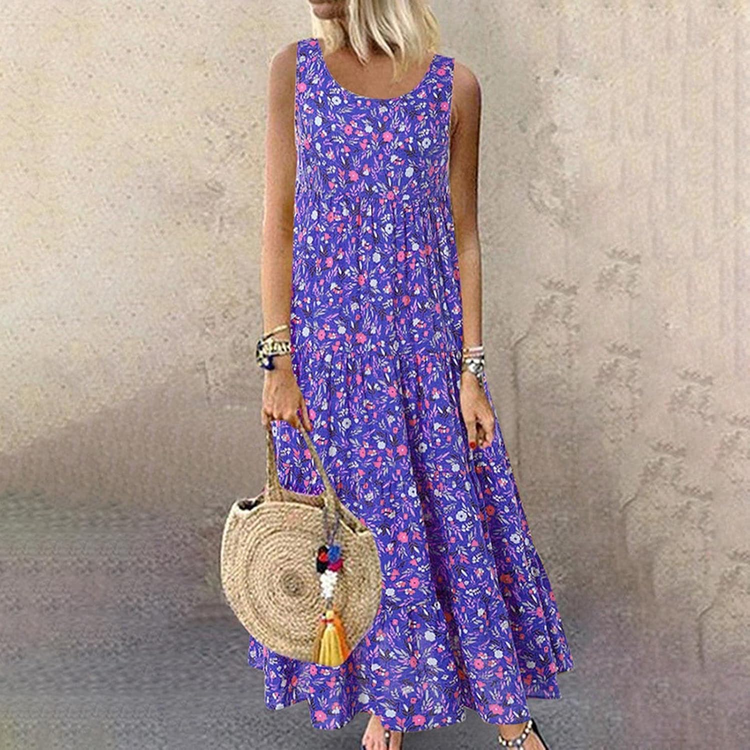 Ceboyel Women Boho Floral Maxi Dresses Flowy Tank Dress Sleeveless Smocked Sundresses Trendy Casual Beach Long Sun Dress