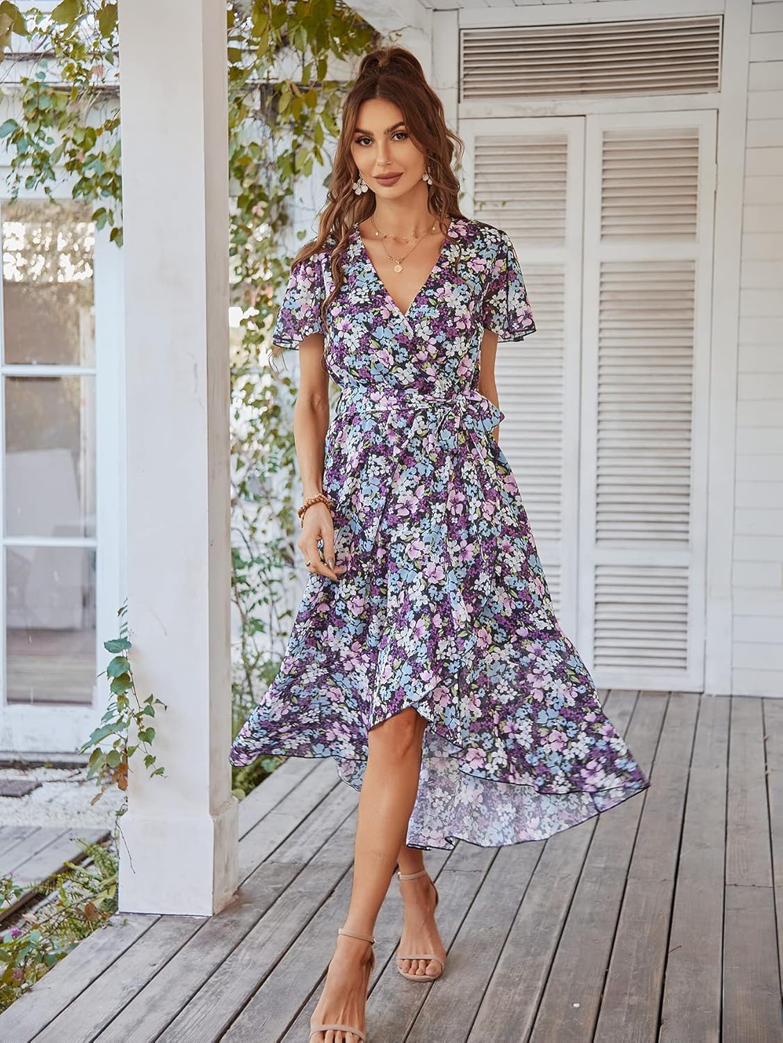 PRETTYGARDEN Women's Summer Floral Boho Dress Wrap V Neck Short Sleeve Ruffle A-Line Flowy Maxi Wedding Guest Dresses