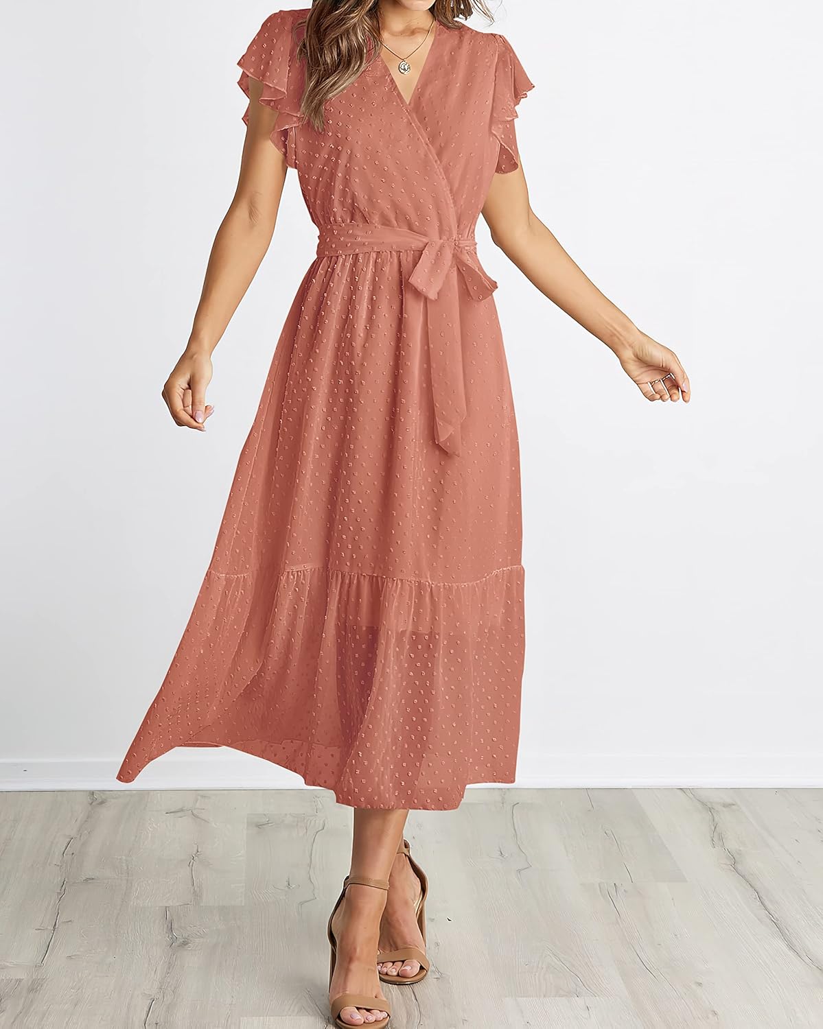 BTFBM Women Summer Bohemian Floral Casual Wrap V Neck Ruffle Cap Sleeveless Belt A-Line Pleated Hem Midi Sun Dress White