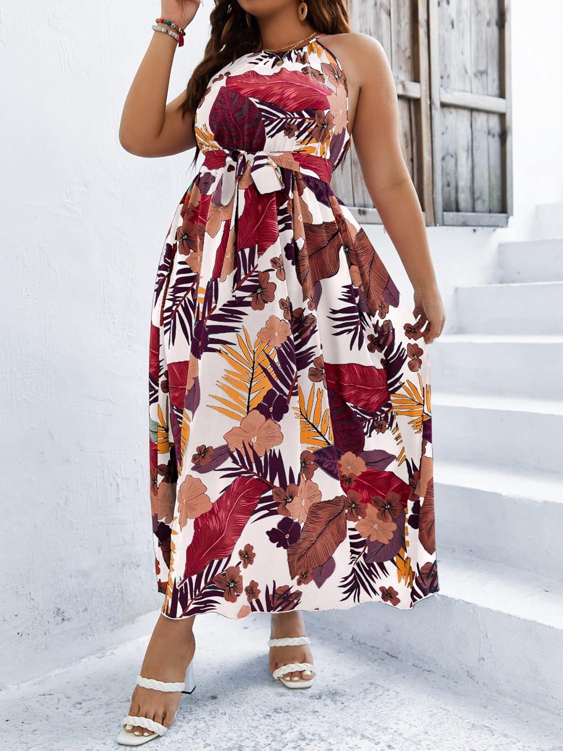 Floerns Women's Plus Size Boho Sleeveless Halter Neck Tie Back A Line Long Dress