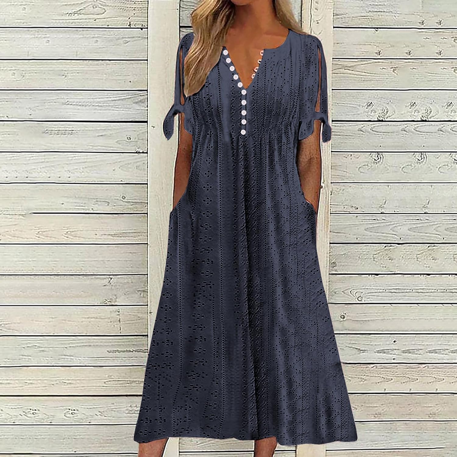 Boho Dresses for Women 2024 Fashion Summer Short Sleeve Eyelet Notch V Neck Sundress Beach Casual Maxi Long Dress