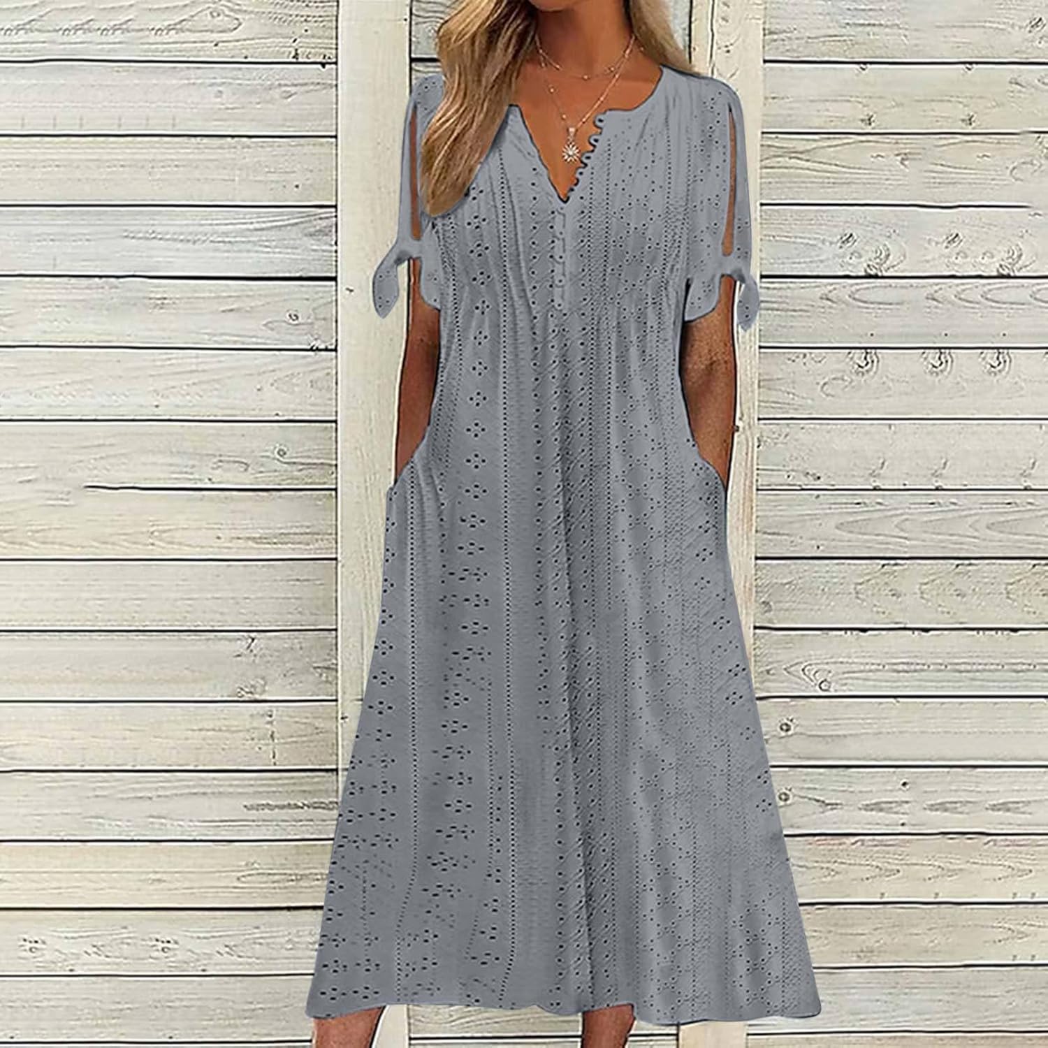 ZYXTIM Womens Eyelet Dress V Neck Short Sleeve Hollow Out Summer Beach Vacation Dresses Swing A Line Vintage Long Dresses