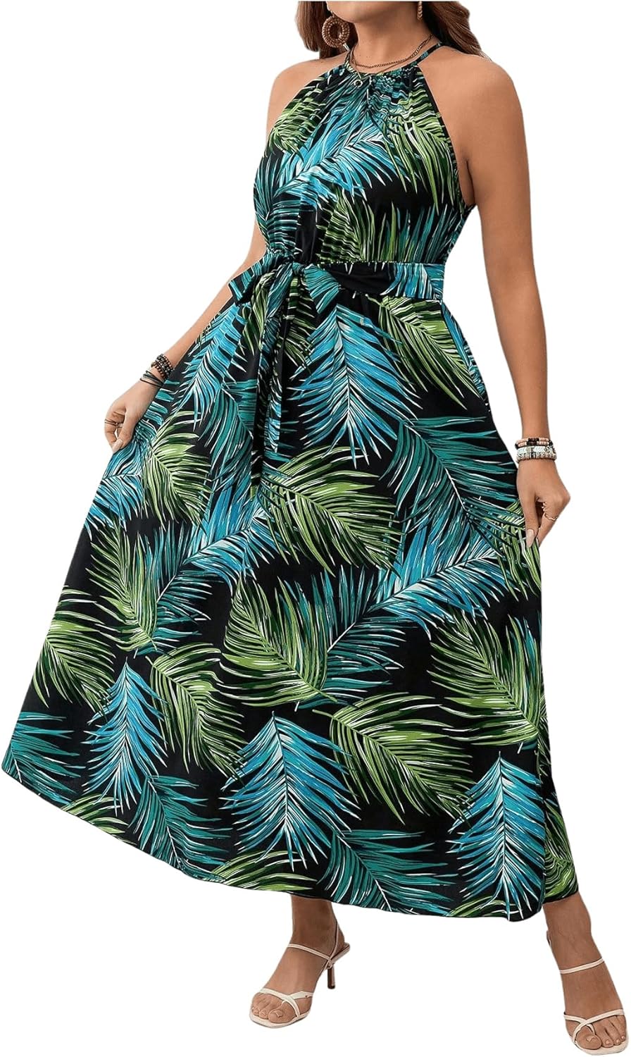 Floerns Women's Plus Size Boho Sleeveless Halter Neck Tie Back A Line Long Dress