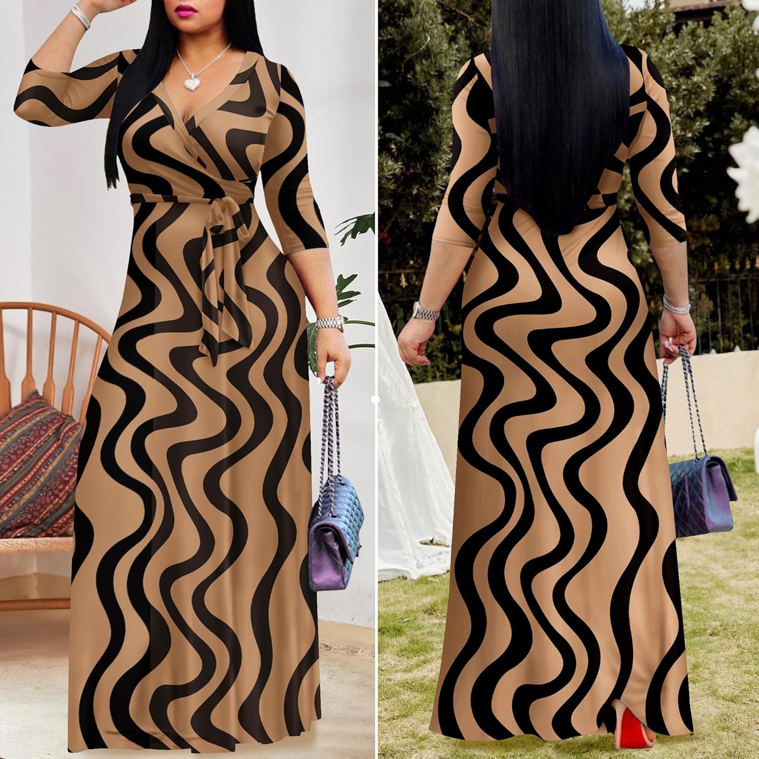 FANDEE Plus Size Maxi Dress for Women Casual Summer Sundress V-Neck 3/4 Sleeve