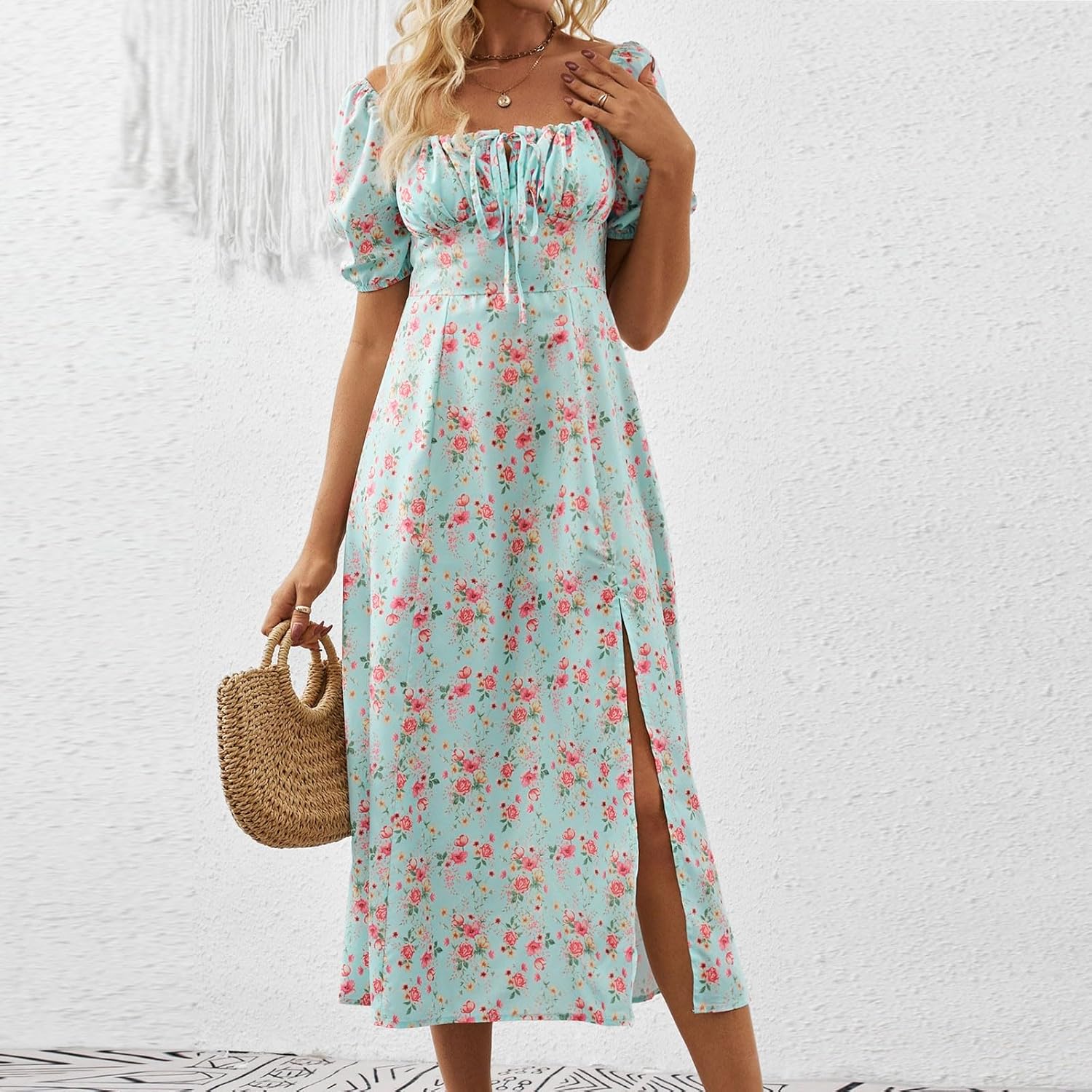 Women's Sundresses 2025 Summer Casual Loose Trendy Bubble Sleeve Square Neck Split Bow Floral Print Dress Plus Size, XS-3XL