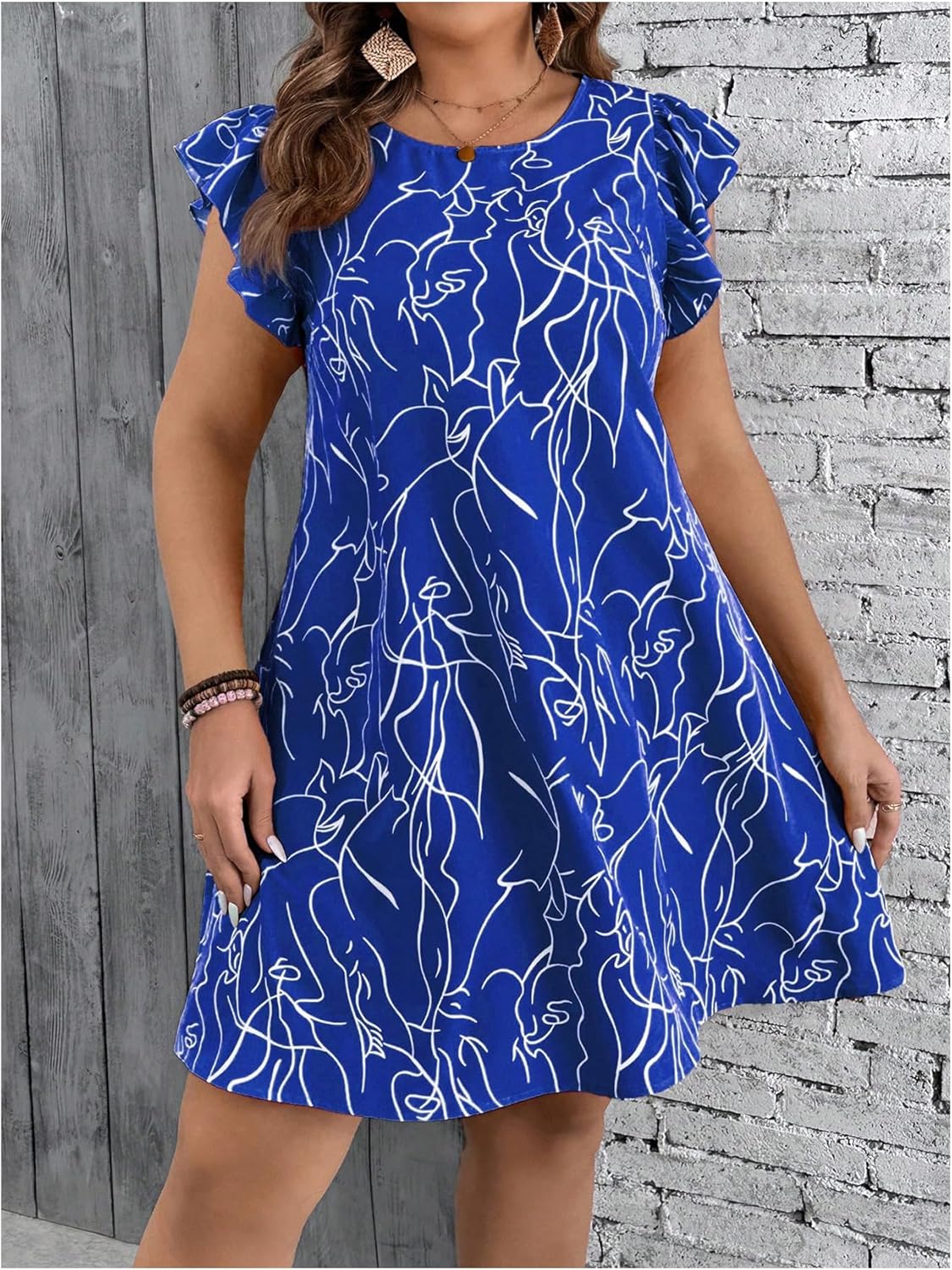 SOLY HUX Women's Plus Size Summer Dress Graphic Print Ruffle Cap Sleeve Loose Short Dresses
