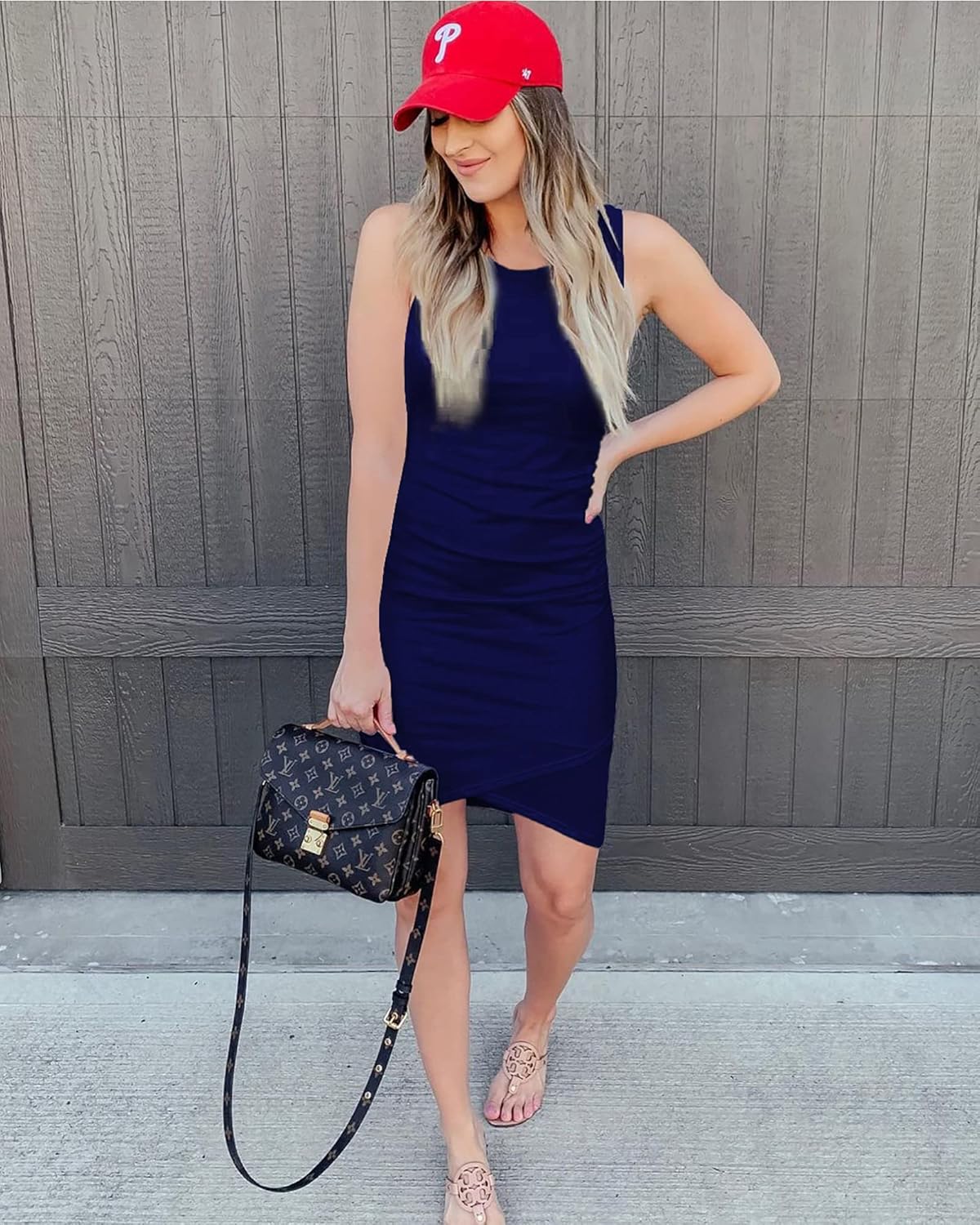BTFBM Women 2025 Summer Sleeveless Tank Dresses Crew Neck Slim Fit Short Casual Ruched Bodycon Party Club Mini Dress