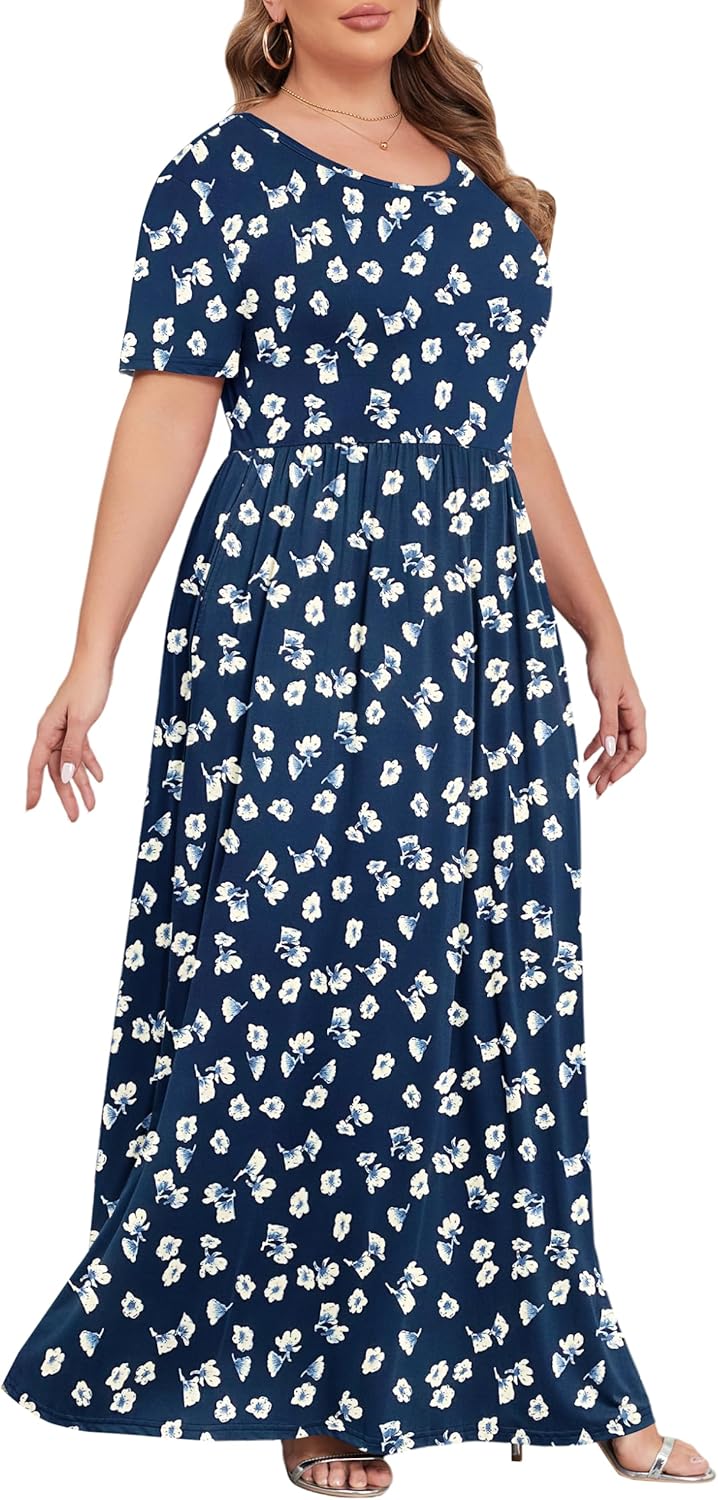 KARALIN Women’s Plus Size Maxi Dresses for Curvy Women Summer Casual Short Sleeve 2025 Long Dress 14W-26W