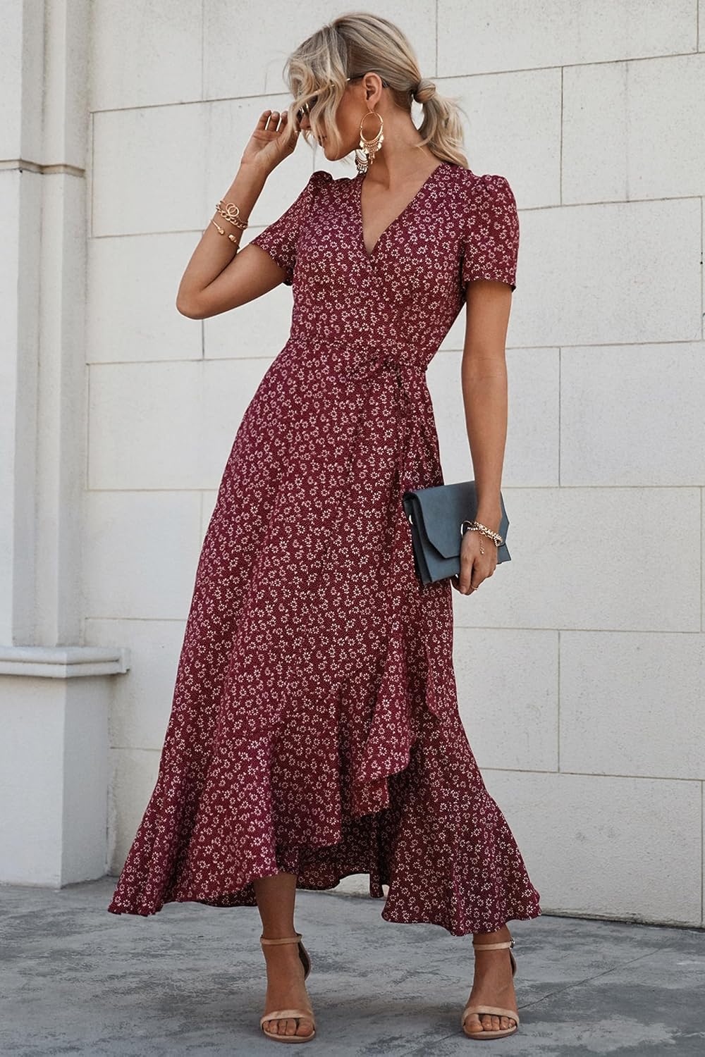 PRETTYGARDEN Women's Summer Wrap Maxi Dress Casual Short Sleeve Floral Boho V Neck Split Ruffle Beach Long Dresses