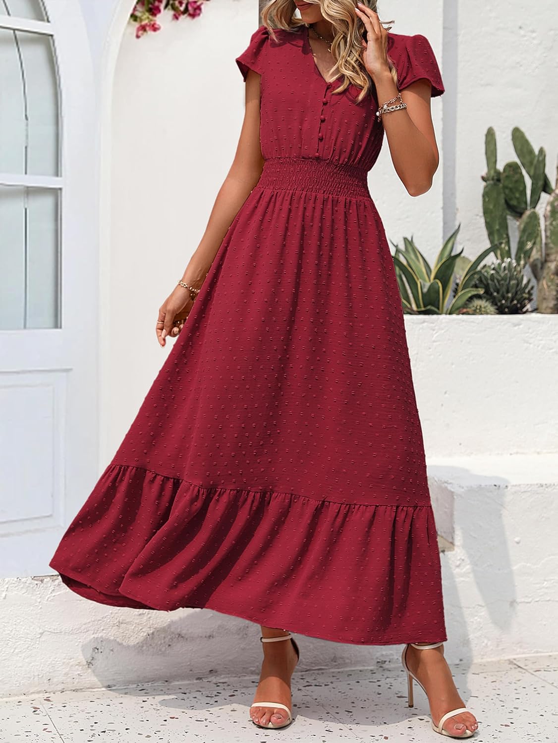 PRETTYGARDEN Womens Dresses 2025 Summer Maxi Dress Boho Short Sleeve V Neck Swiss Dot Ruffle Tiered Smocked Flowy Long Dress