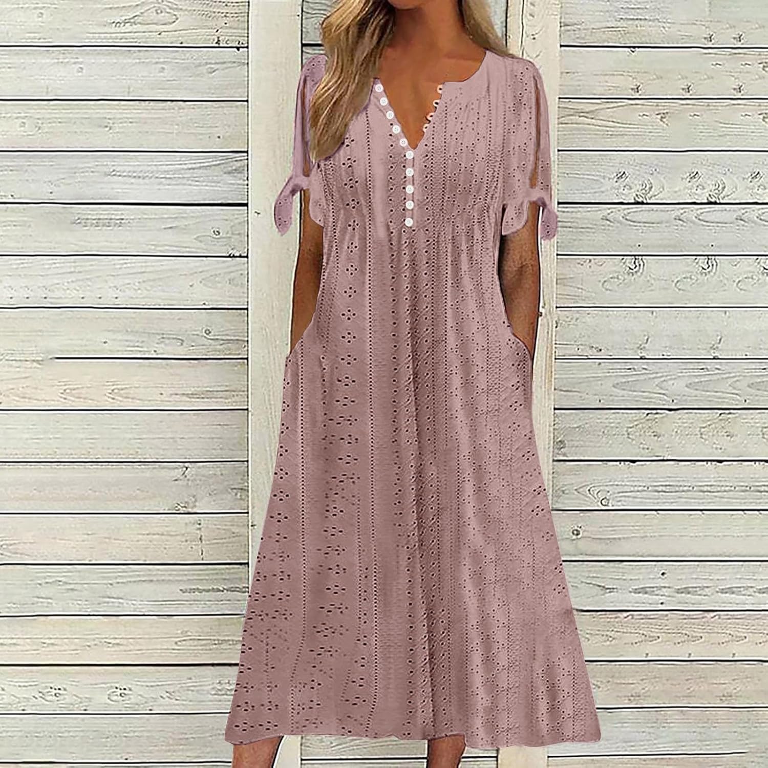 ZYXTIM Womens Eyelet Dress V Neck Short Sleeve Hollow Out Summer Beach Vacation Dresses Swing A Line Vintage Long Dresses
