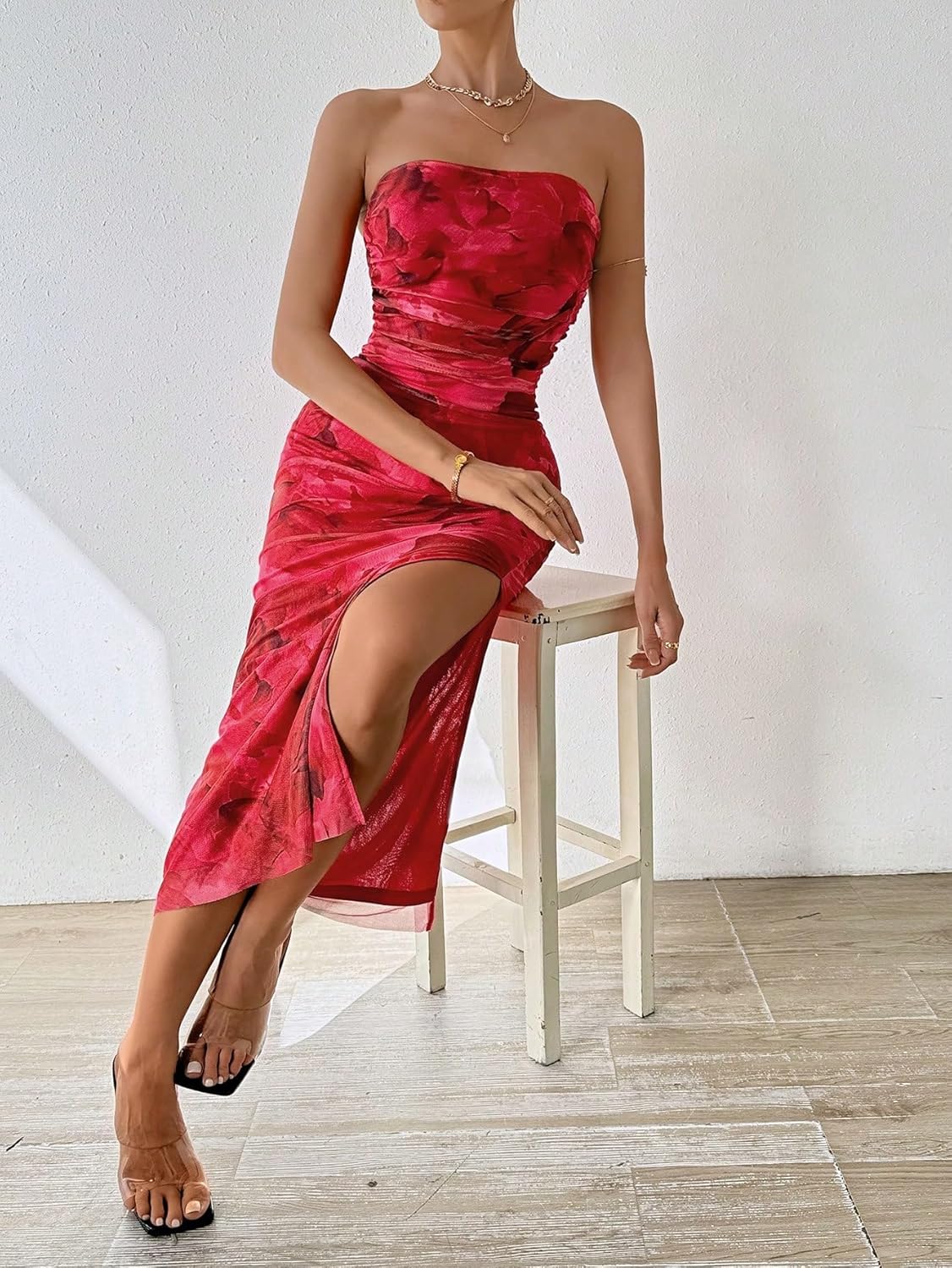 Milumia Women's Printed Strapless Tube Top Long Dress Slit Hem Sleeveless Bodycon Maxi Dresses