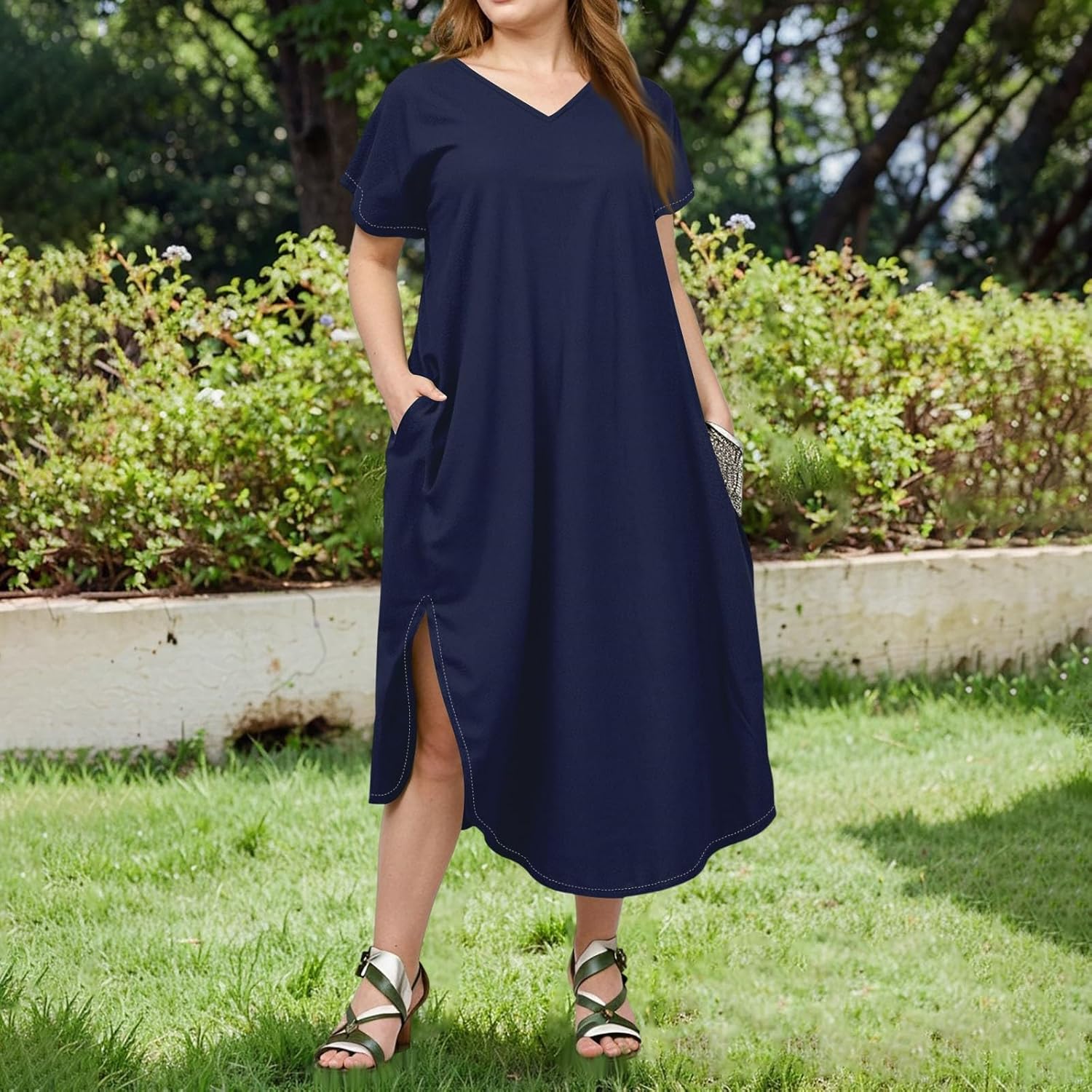 Maxi Dresses for Women 2025 Plus Size Tie Dye V Neck Dress Short Sleeve Side Split Beach Summer Sundress with Pocket