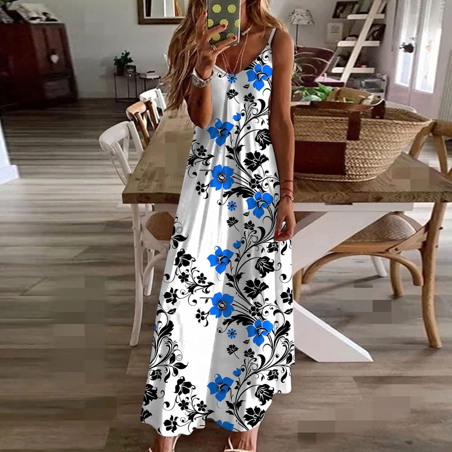 Womens Floral Maxi Dresses Spaghetti Strap Casual Summer Long Dress Vneck Flowy Boho Beach Sundress Vacation Outfits