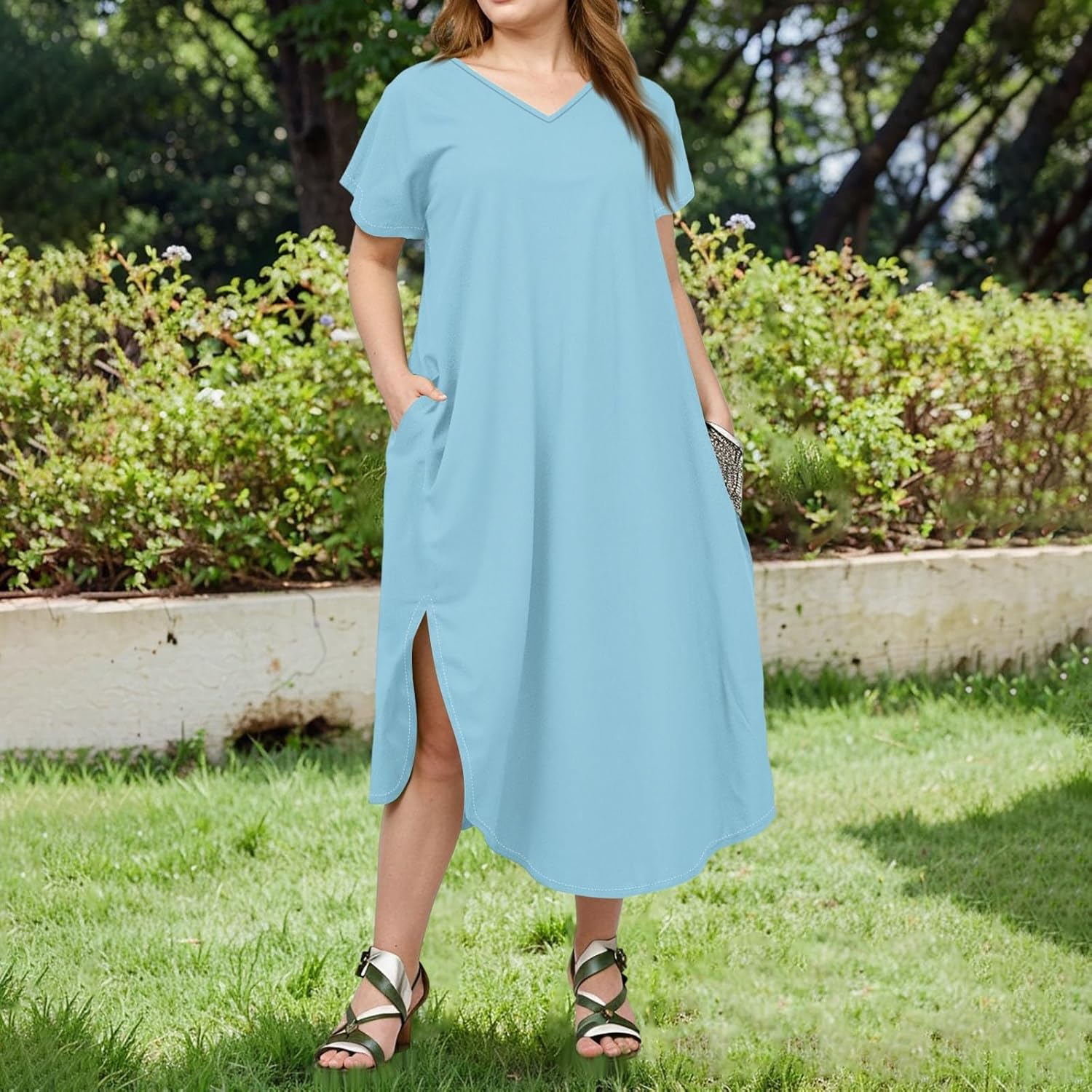 Maxi Dresses for Women 2025 Plus Size Tie Dye V Neck Dress Short Sleeve Side Split Beach Summer Sundress with Pocket